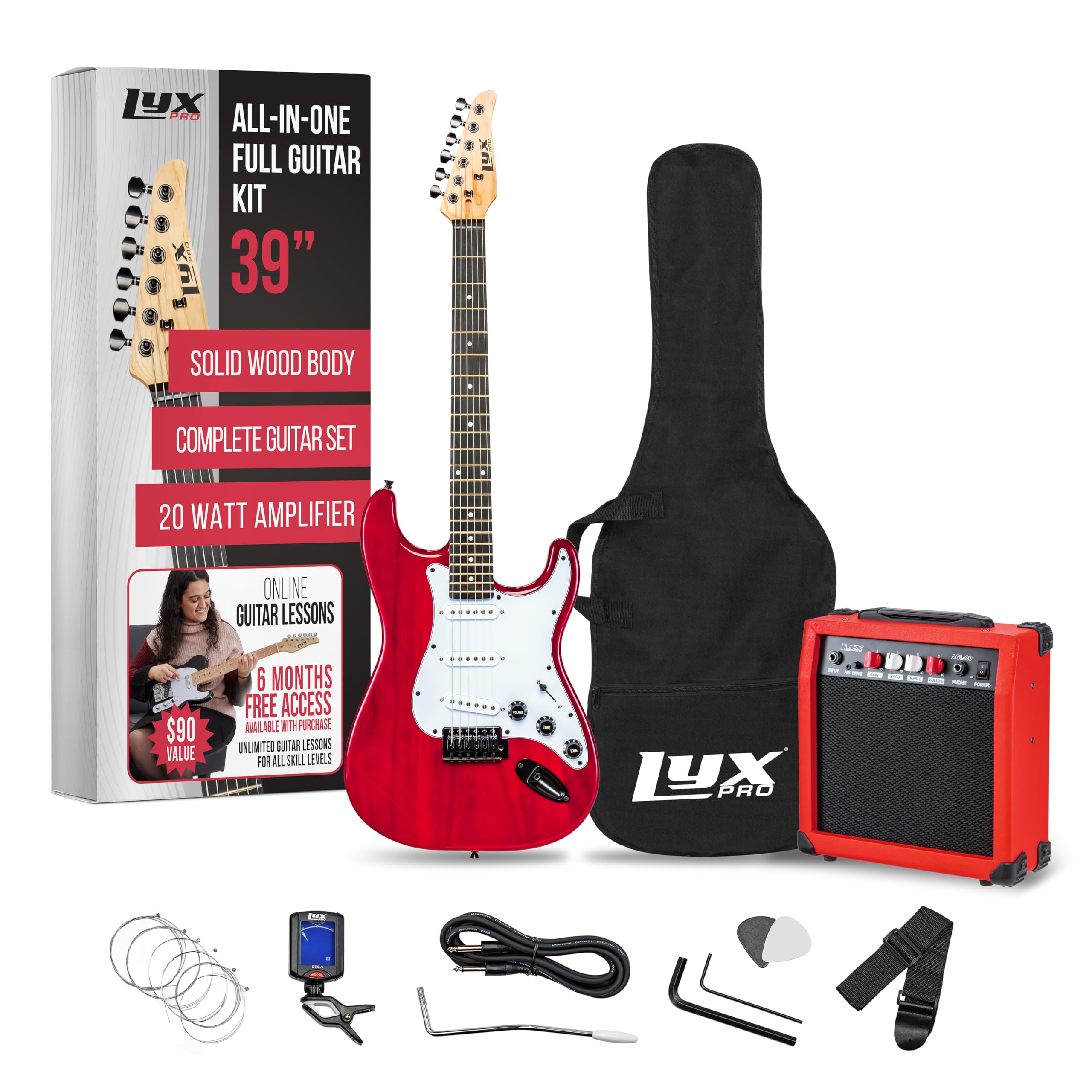 Lyxpro 39 Inch Electric Guitar Kit Bundle With 20W Amplifier, All Accessories, Digital Clip On Tuner, Six Strings, Two Picks, Tr